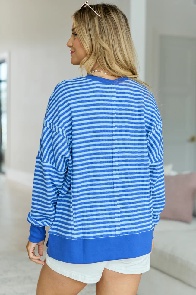 Kara Blue Stripe Waffle Pullover - Image 5