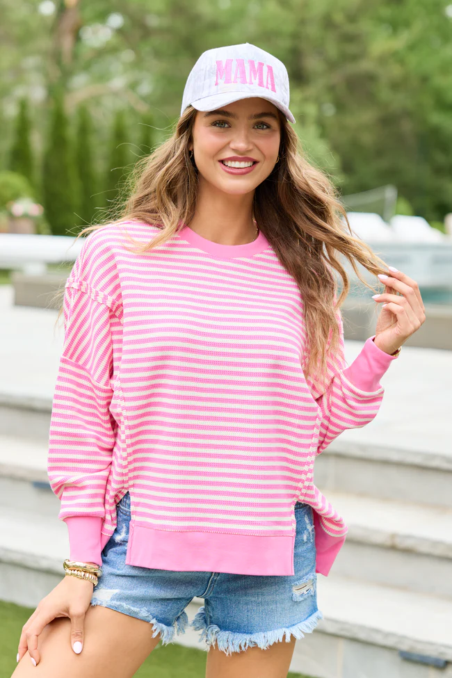 Kara Pink And White Stripe Waffle Pullover - Image 3