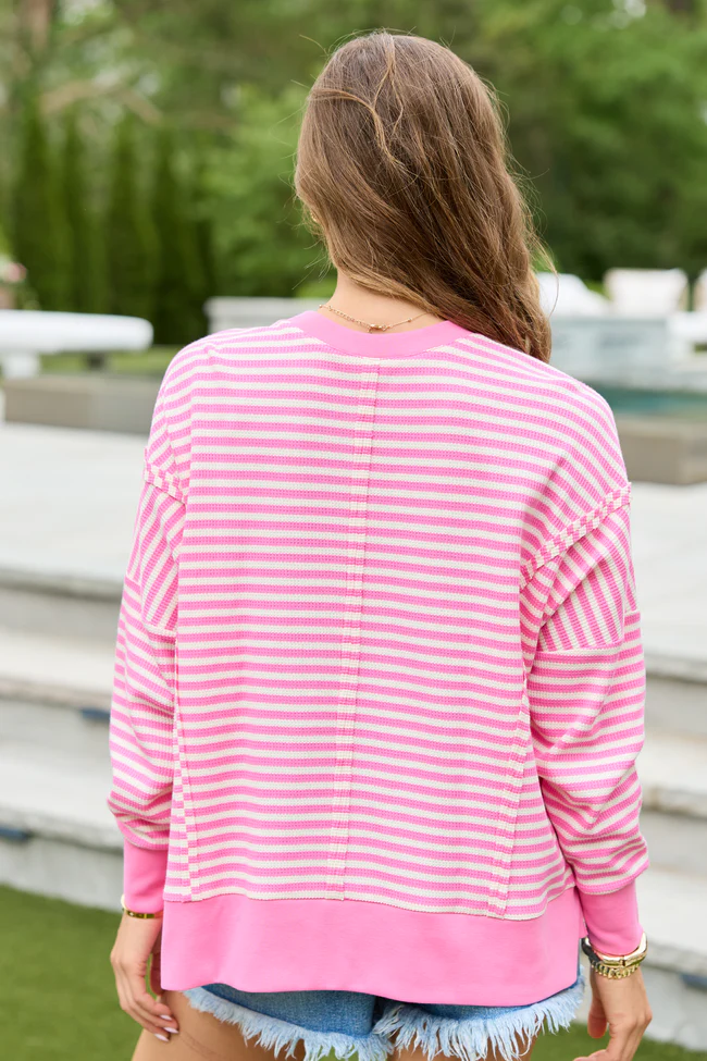 Kara Pink And White Stripe Waffle Pullover - Image 5