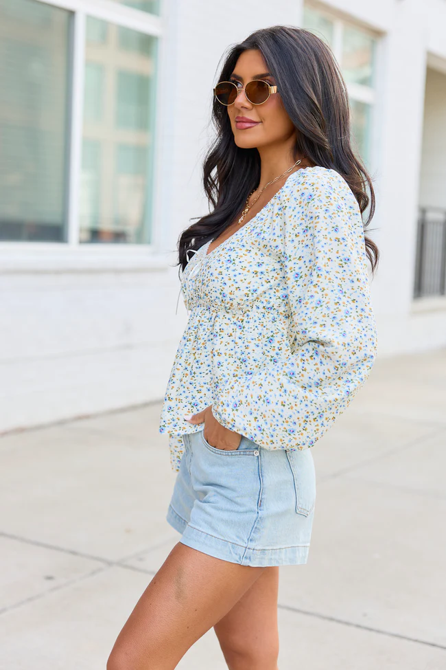 Kileigh Blue Floral Long Sleeve Babydoll Top - Image 3