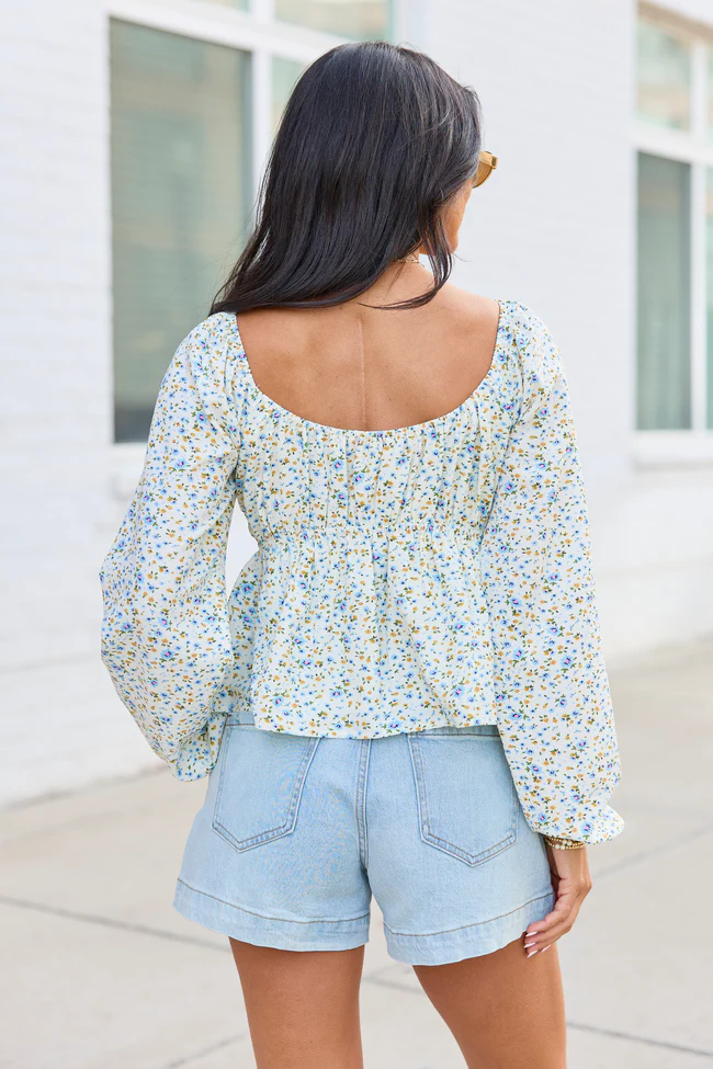 Kileigh Blue Floral Long Sleeve Babydoll Top - Image 4