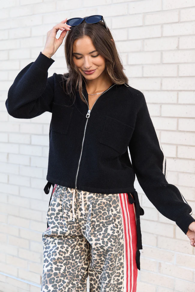 Kimmy Black with Ivory Stripes Full Zip Sweater FINAL SALE - Image 3