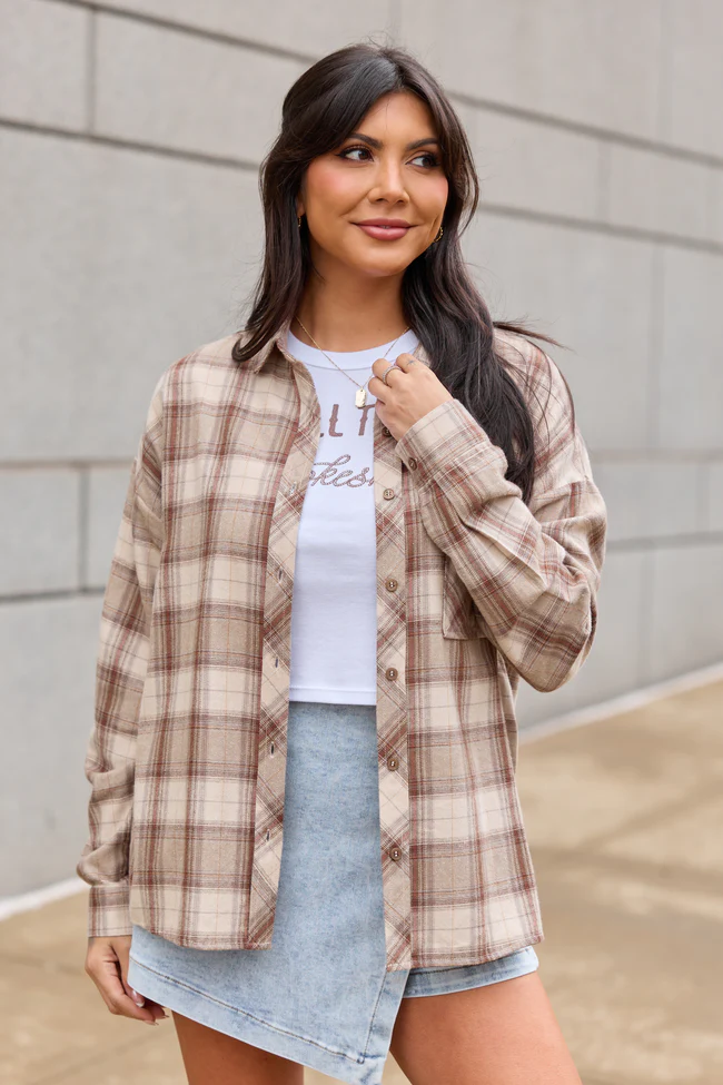 Libby Cream And Beige Plaid Flannel Top FINAL SALE - Image 3