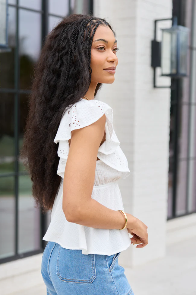 Lois White Gauze Flutter Sleeve Top - Image 3