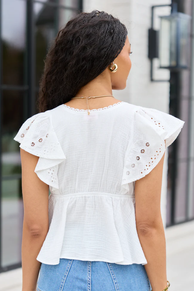 Lois White Gauze Flutter Sleeve Top - Image 4