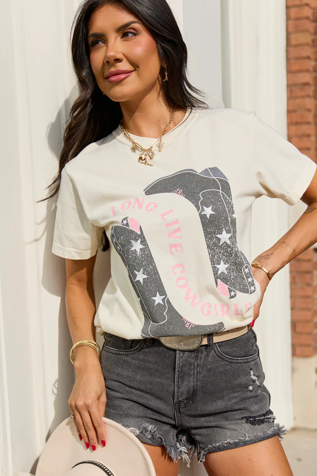 Long Live Cowgirls Star Boots Ivory Graphic Tee DOORBUSTER - Image 3