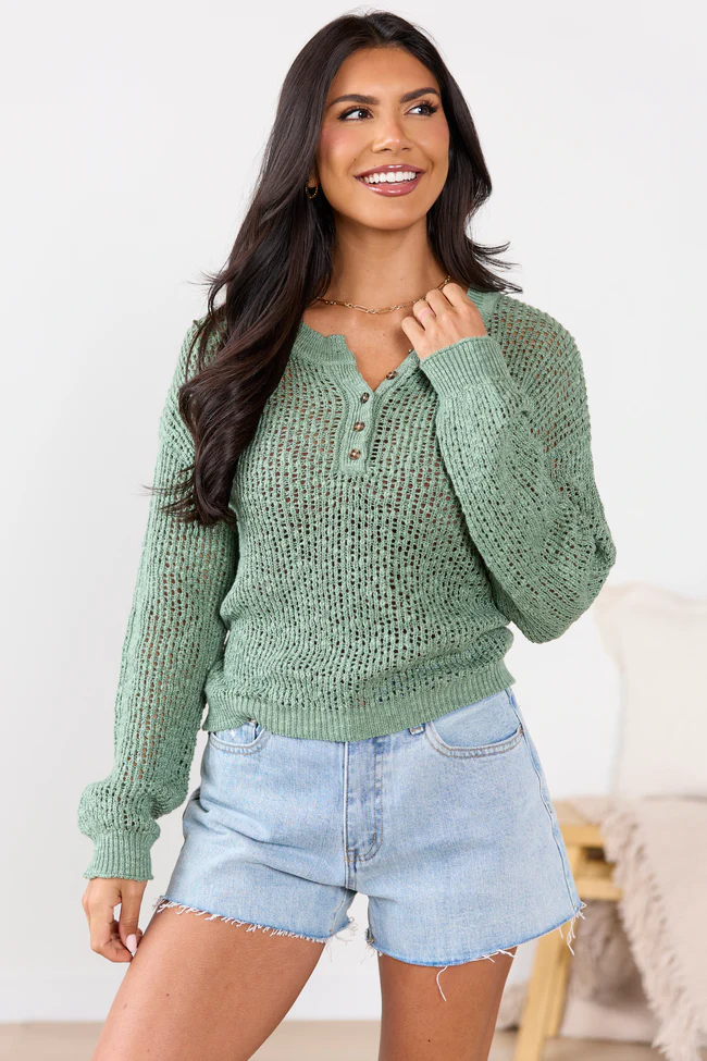 Lotus Long Sleeve Sage Open Knit Henley Sweater SALE - Image 3