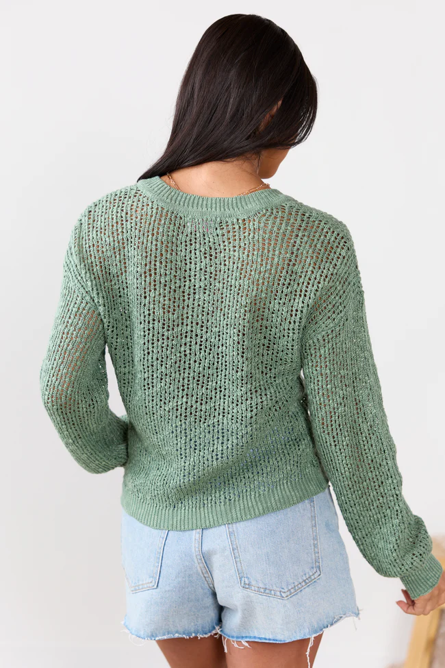 Lotus Long Sleeve Sage Open Knit Henley Sweater SALE - Image 5