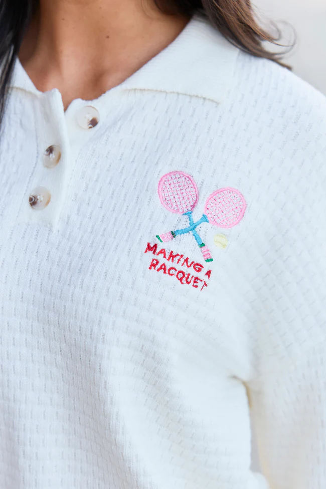 Making A Racquet Ivory Embroidered Pullover - Image 2