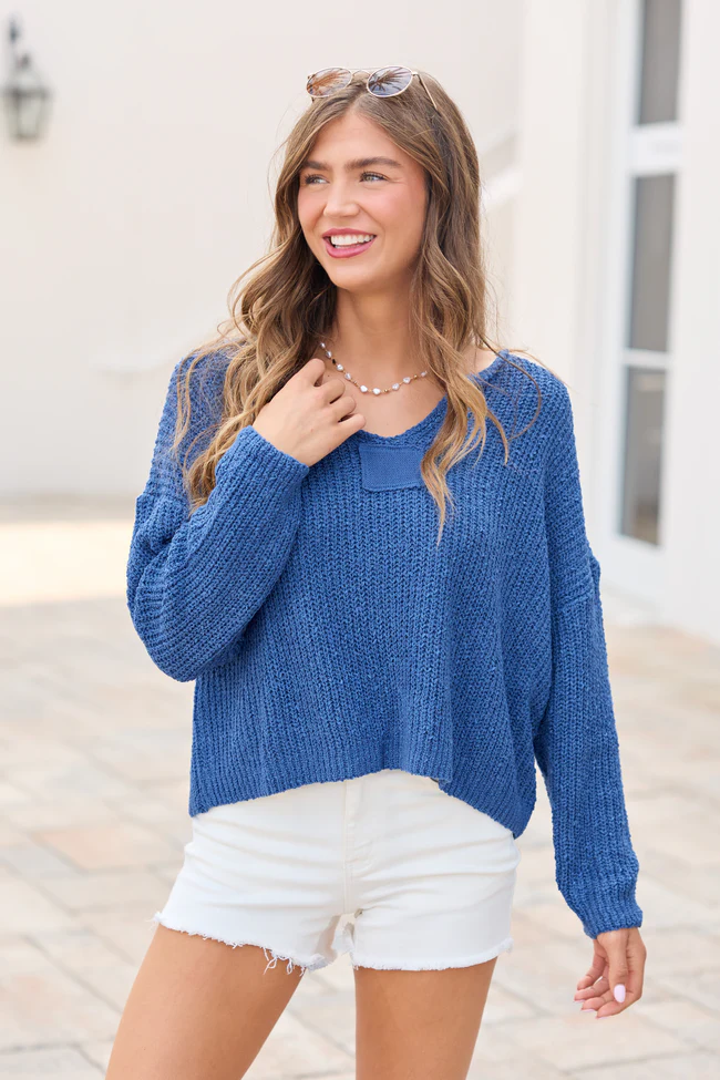 Mckenzie Blue Open Knit V-Neck Sweater - Image 3