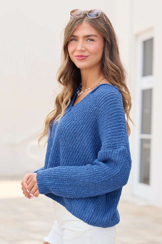 Mckenzie Blue Open Knit V-Neck Sweater - Image 4