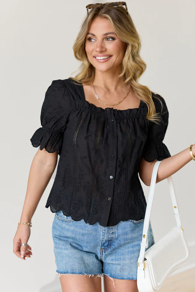 Michelle Black Eyelet Puff Sleeve Top