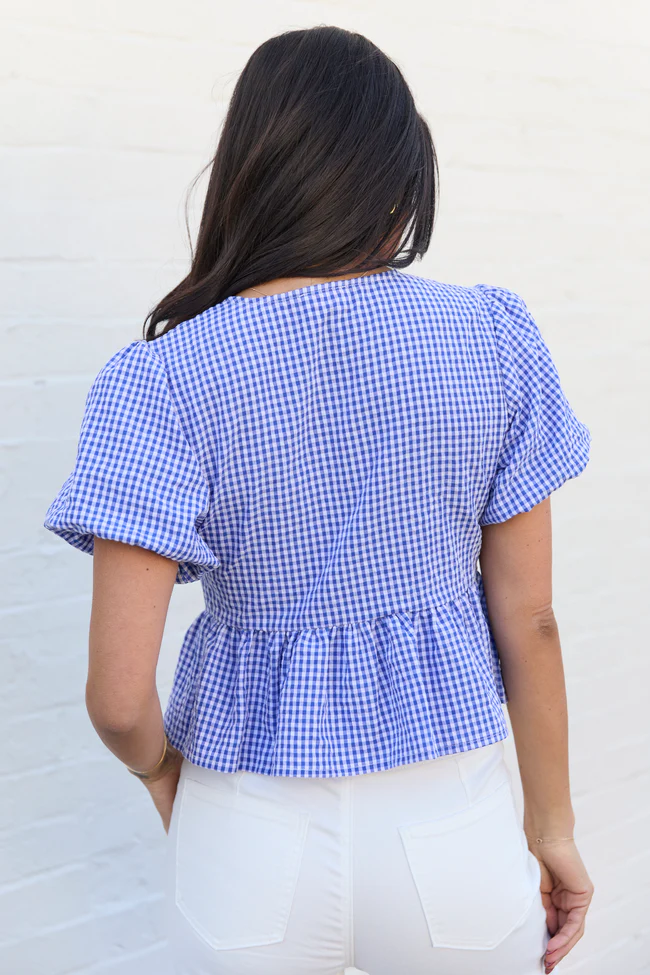 Mila Blue Gingham Tie Front Flounce Woven Blouse - Image 5