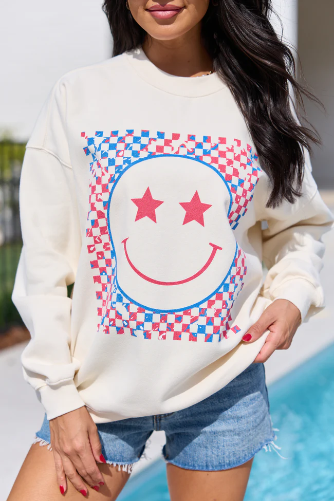 Multi Patriotic Smiley Checkered Cream Graphic Sweatshirt - Image 2