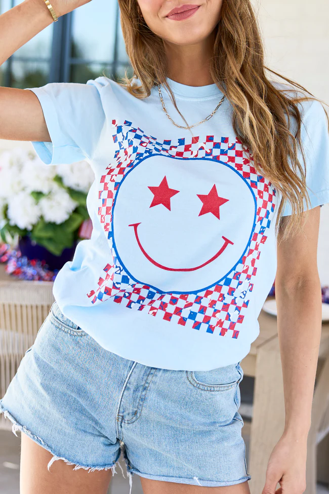 Multi Patriotic Smiley Checkered Light Blue Graphic Tee - Image 2
