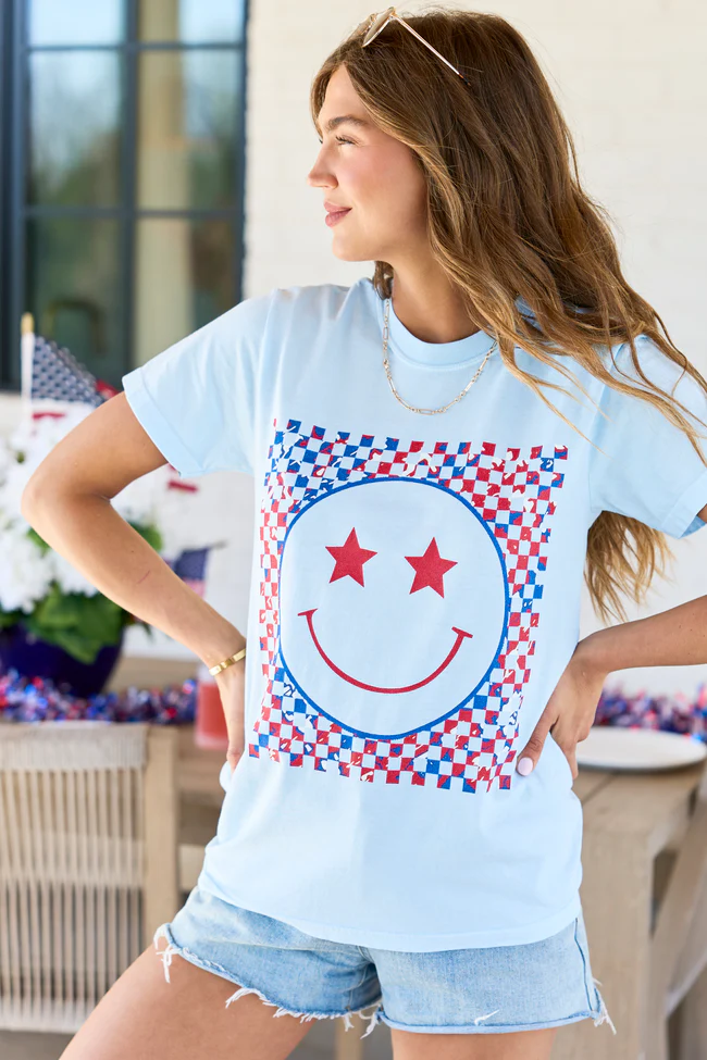 Multi Patriotic Smiley Checkered Light Blue Graphic Tee - Image 3