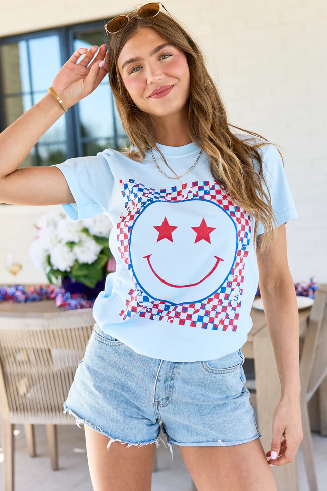 Multi Patriotic Smiley Checkered Light Blue Graphic Tee - Image 4