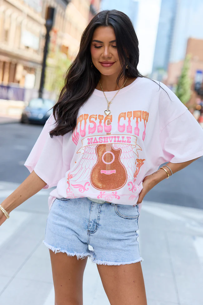 Music City Nashville Light Pink Oversized Graphic Tee - Image 3