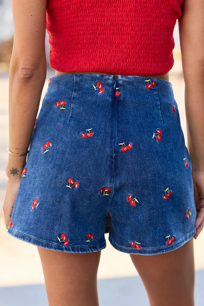 My Favorite Stretchy Dark Wash Cherry Embroidered Side Slit Denim Skort - Image 4