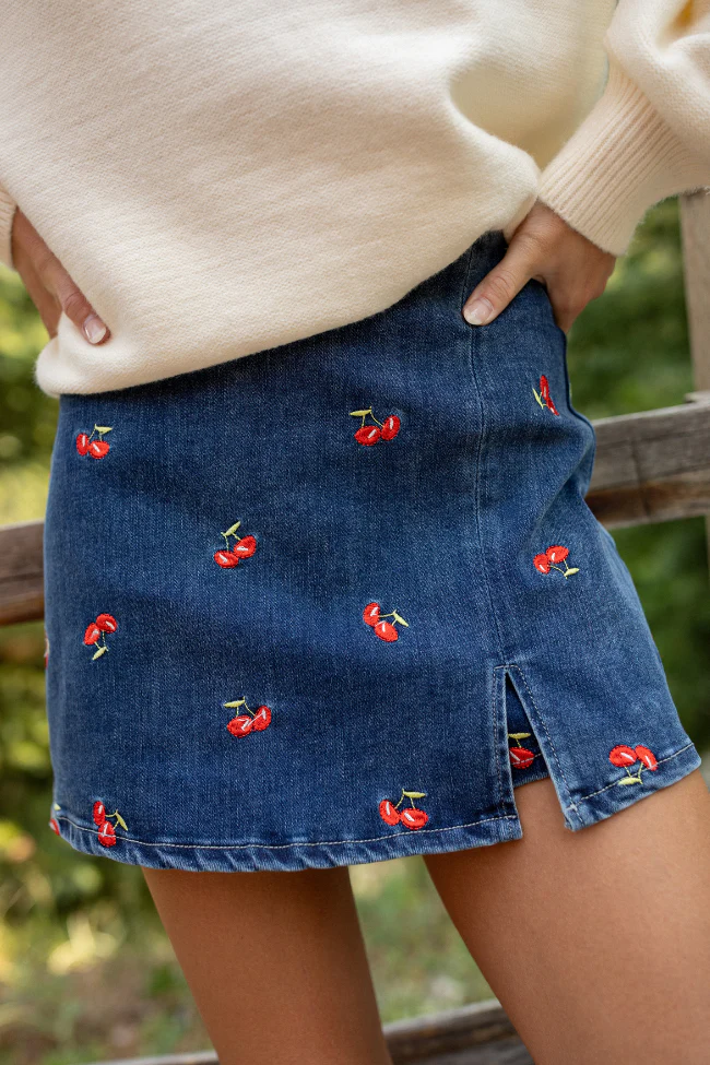 My Favorite Stretchy Dark Wash Cherry Embroidered Side Slit Denim Skort - Image 5