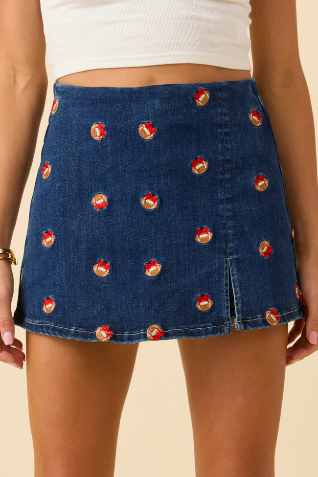 My Favorite Stretchy Dark Wash Football Embroidery Skort FINAL SALE