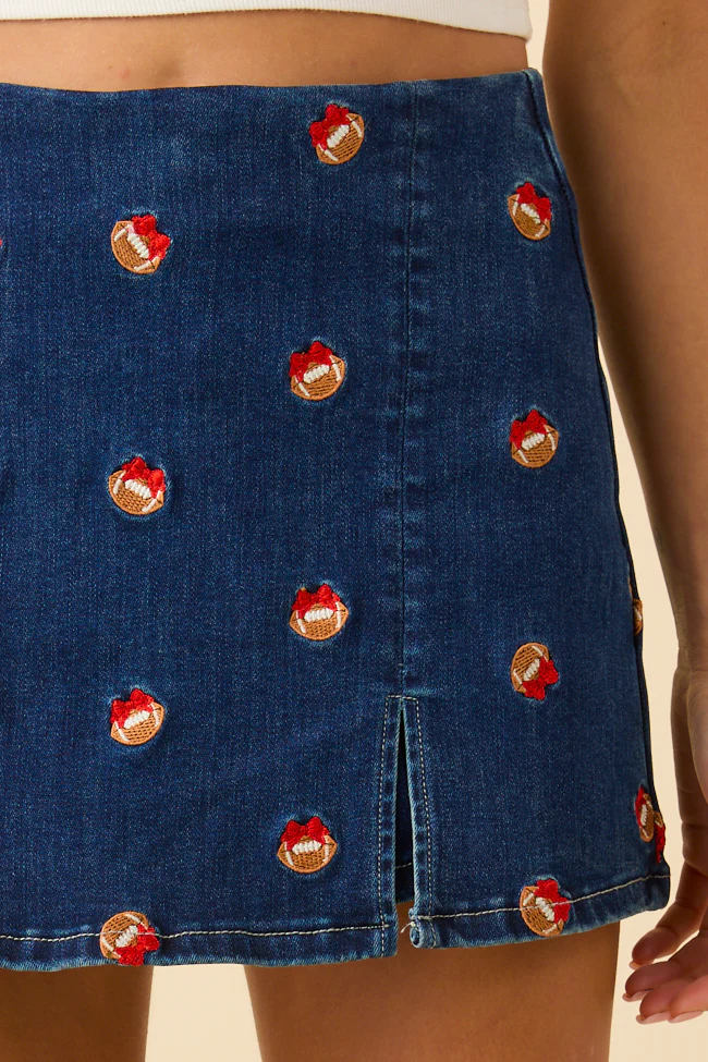 My Favorite Stretchy Dark Wash Football Embroidery Skort FINAL SALE - Image 5