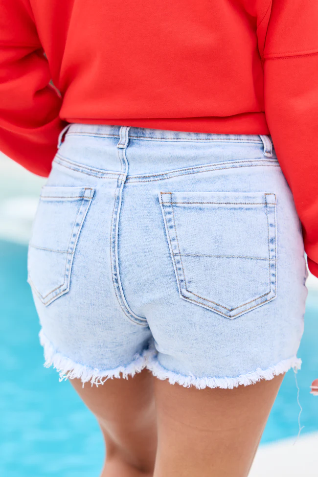 My Favorite Stretchy Light Wash Raw Hem Denim Shorts - Image 4