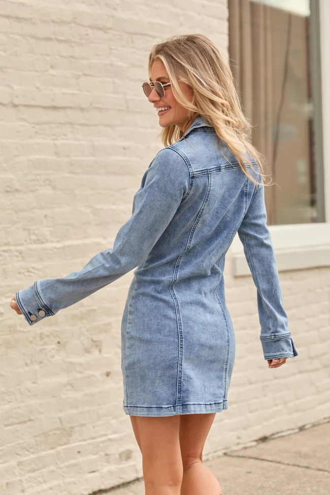 My Favorite Stretchy Long Sleeve Denim Pocket Mini Dress - Image 4