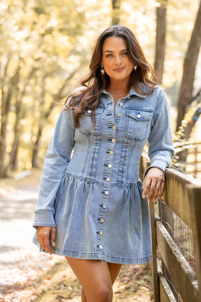My Favorite Stretchy Medium Wash Long Sleeve Button Front Mini Dress FINAL SALE - Image 3