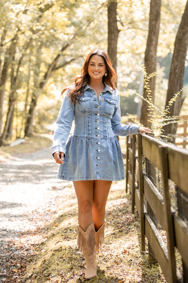 My Favorite Stretchy Medium Wash Long Sleeve Button Front Mini Dress FINAL SALE - Image 4