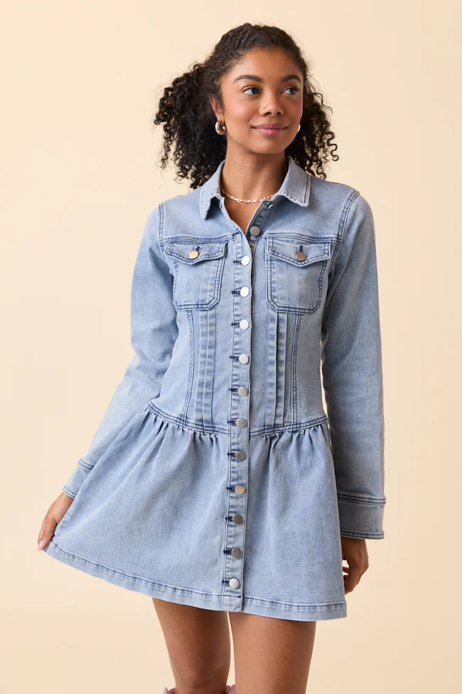 My Favorite Stretchy Medium Wash Long Sleeve Button Front Mini Dress FINAL SALE - Image 5