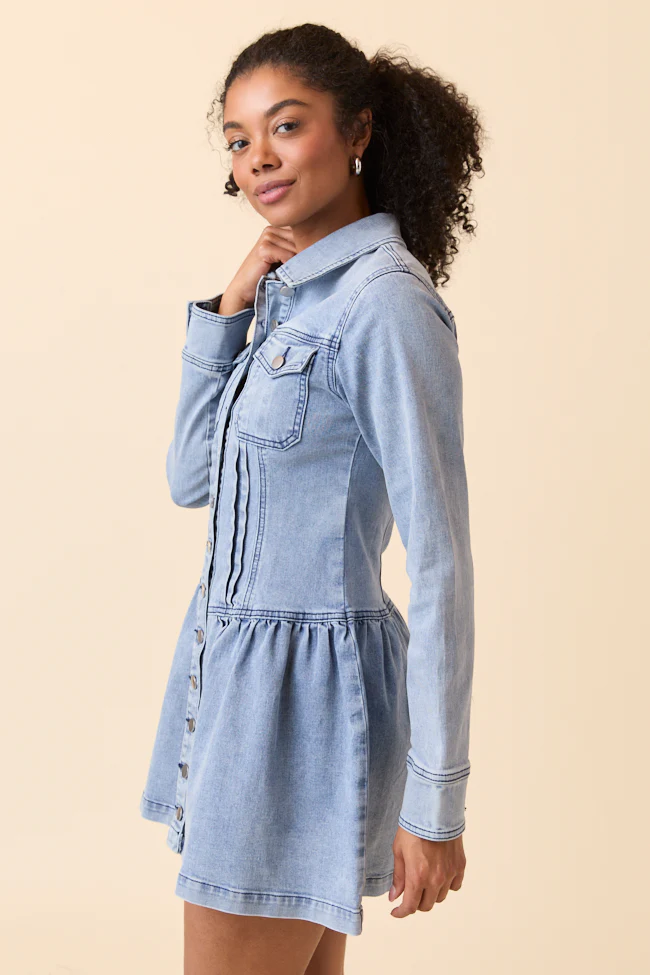 My Favorite Stretchy Medium Wash Long Sleeve Button Front Mini Dress FINAL SALE - Image 7