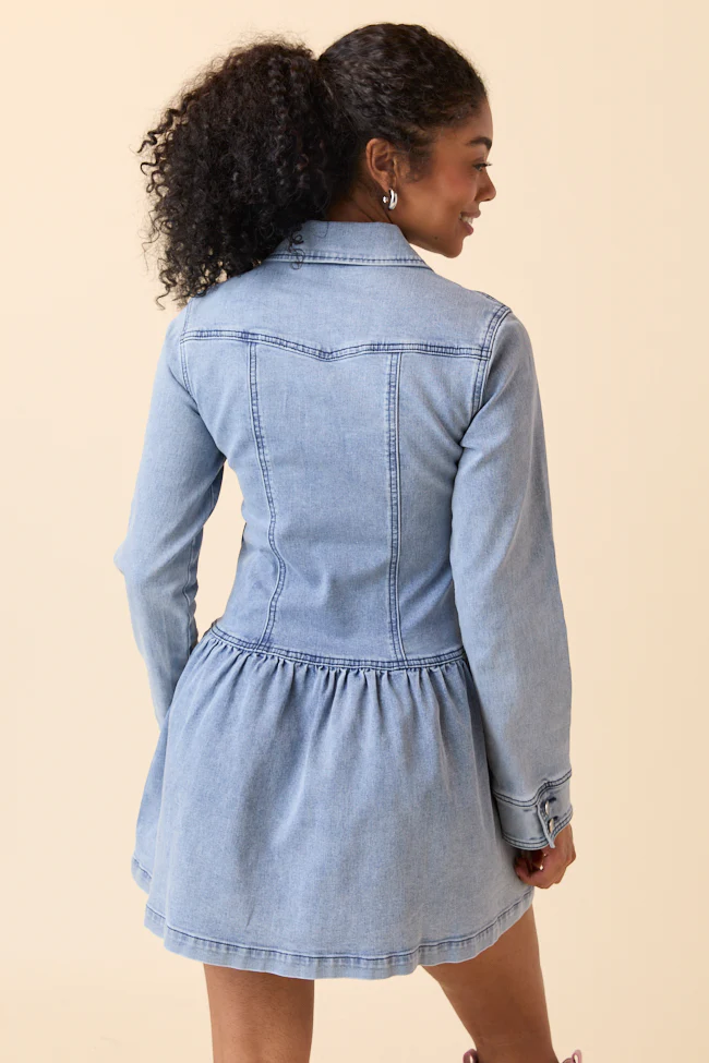 My Favorite Stretchy Medium Wash Long Sleeve Button Front Mini Dress FINAL SALE - Image 8
