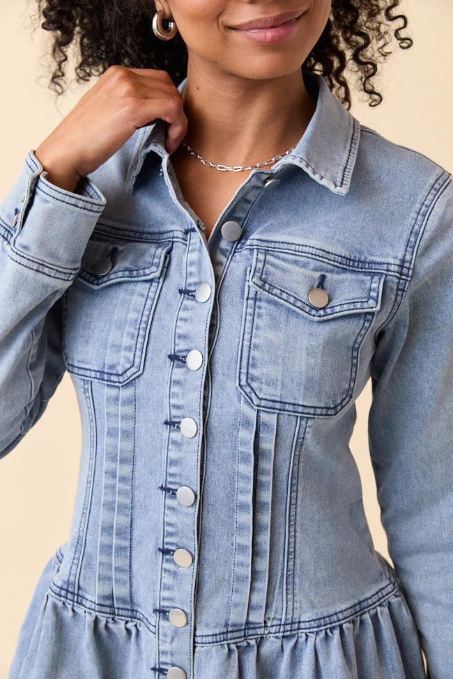 My Favorite Stretchy Medium Wash Long Sleeve Button Front Mini Dress FINAL SALE - Image 9