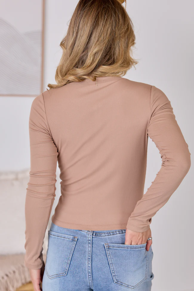 Nora Brown Crewneck Henley Top - Image 5