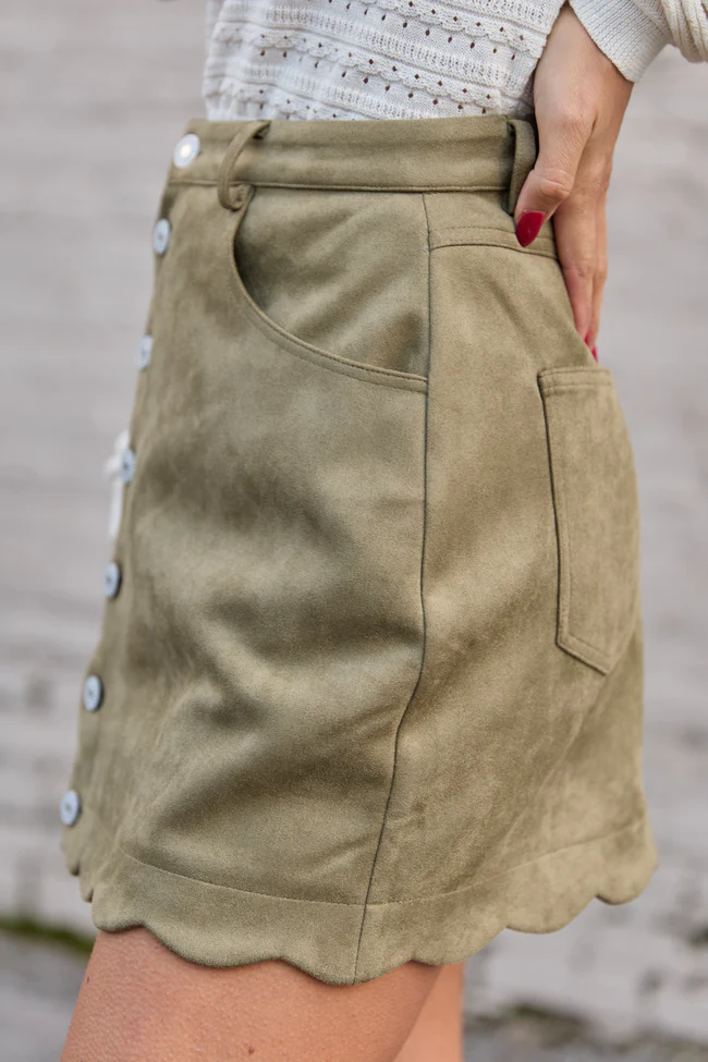 Novalee Olive Green Faux Suede Button Skirt FINAL SALE - Image 3