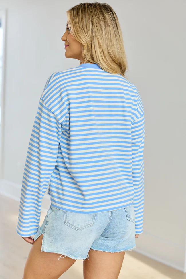 Nylah Blue Striped Long Sleeve Crewneck Top - Image 5
