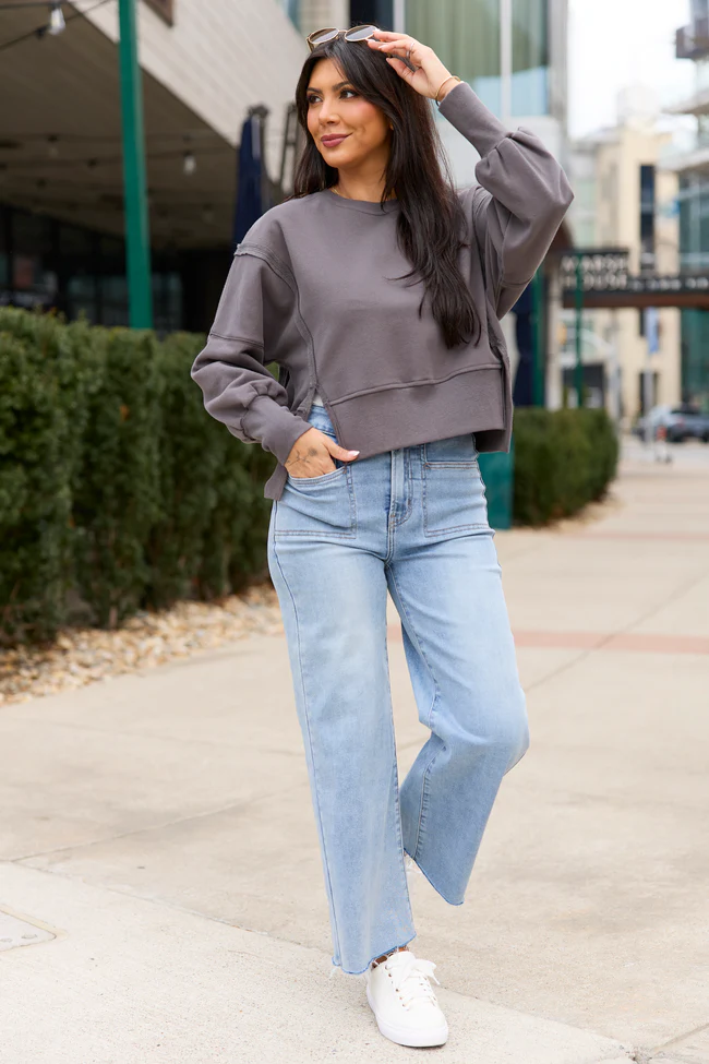 Payton Charcoal Cropped Crewneck Top FINAL SALE