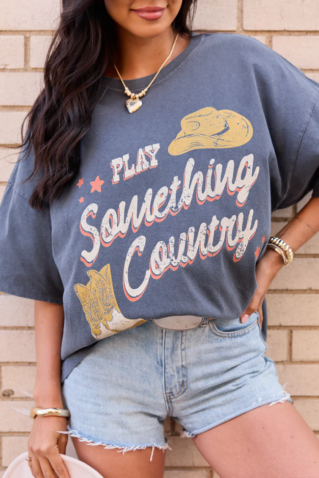Play Something Country Charcoal Oversized Graphic Tee - Image 2