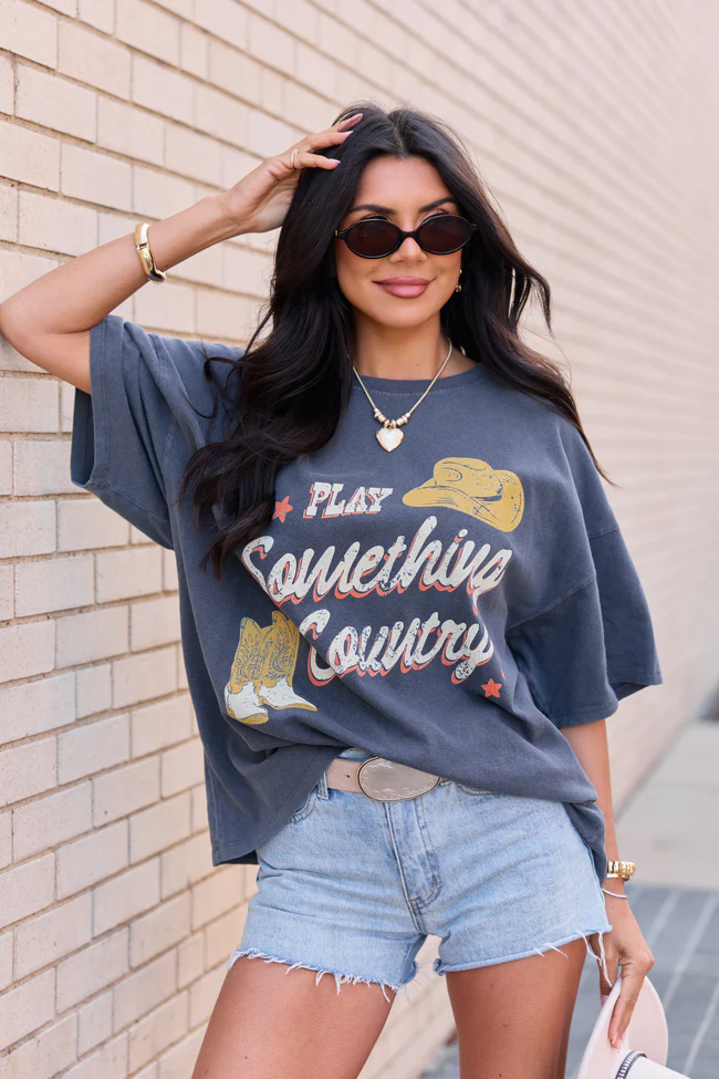 Play Something Country Charcoal Oversized Graphic Tee - Image 3