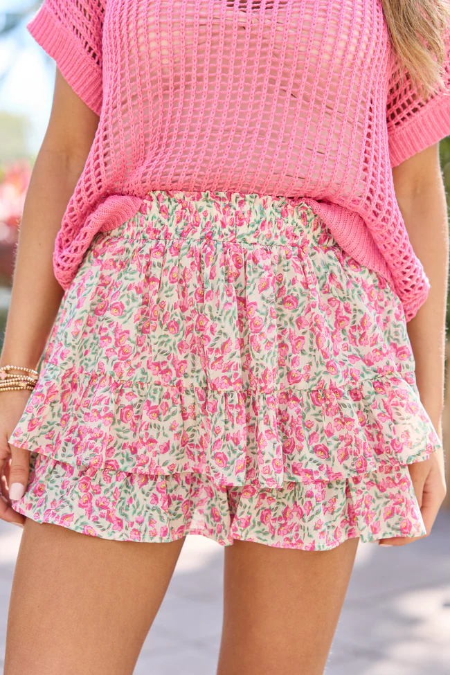 Pretty Moment Pink Multi Floral Tiered Skort - Image 2