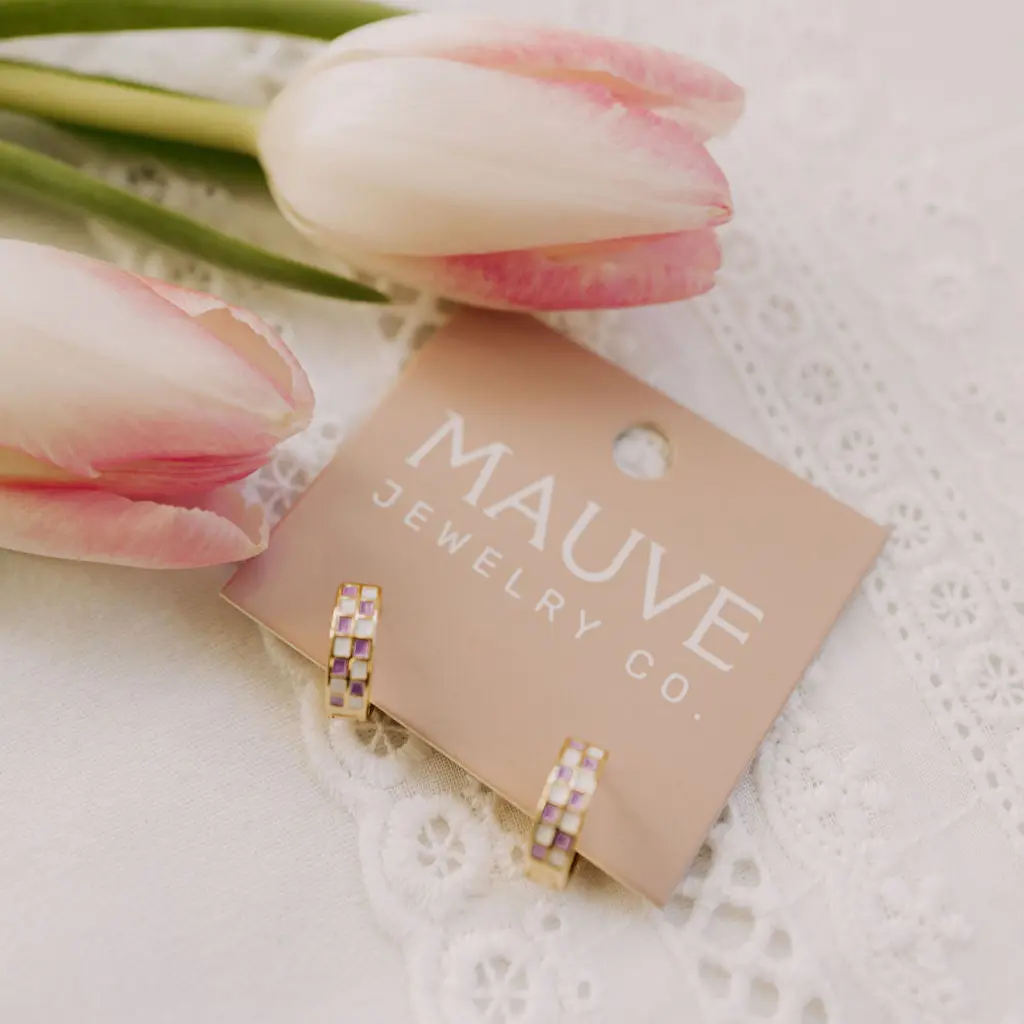 Purple & White Checkered Hoop Earrings - Image 3