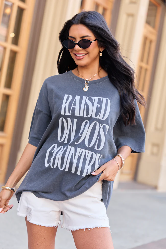Raised On 90's Country Charcoal Oversized Graphic Tee - Image 3