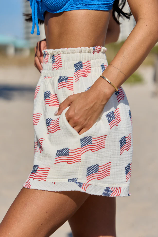 Ready For A Change Cream Flag Print Gauze Shorts - Image 5