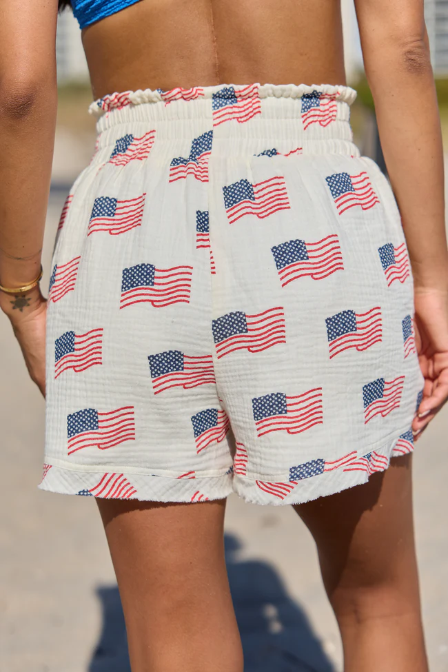 Ready For A Change Cream Flag Print Gauze Shorts - Image 6