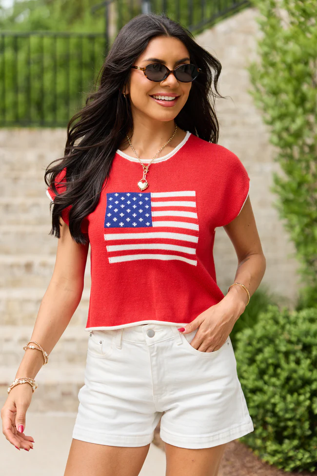 Red American Flag Sweater Top - Image 3