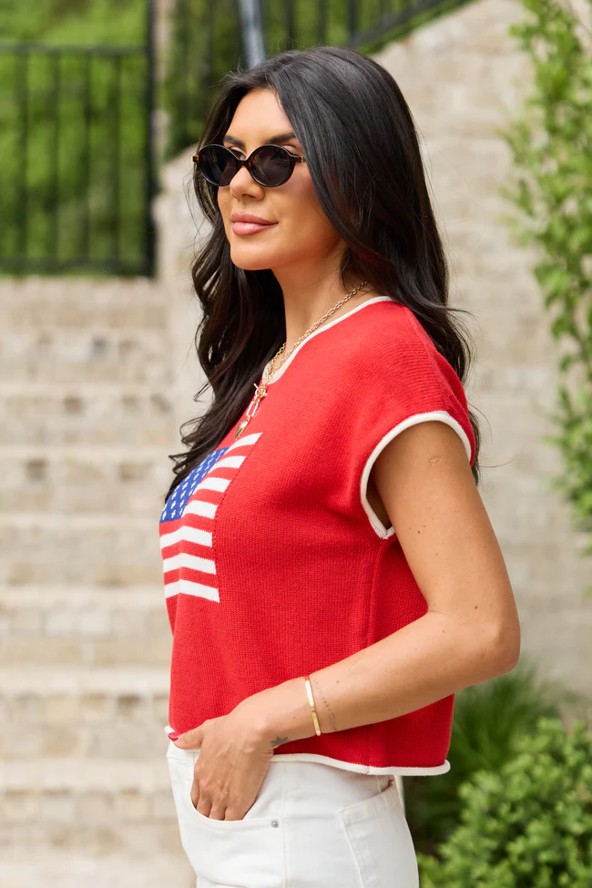 Red American Flag Sweater Top - Image 4