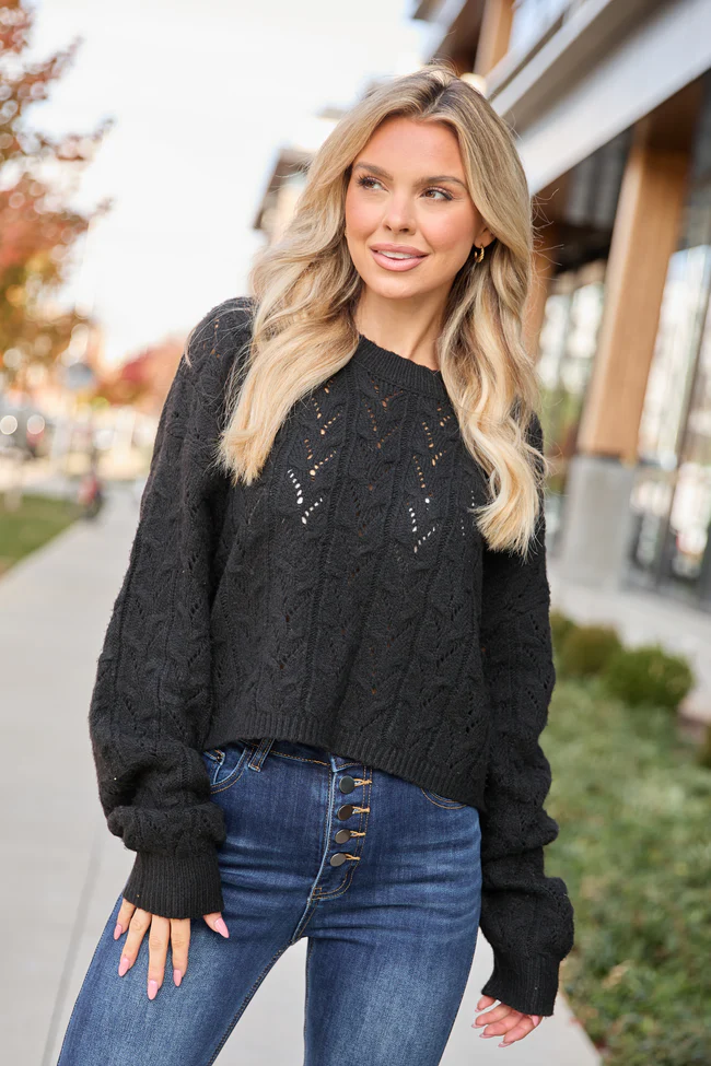 Remy Black Cropped Cable Sweater FINAL SALE - Image 2