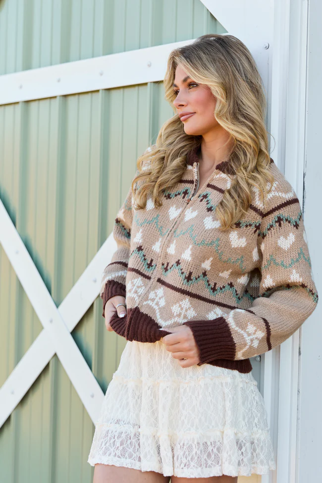 Renesme Brown and Taupe Fair Isle Zip Up Sweater FINAL SALE