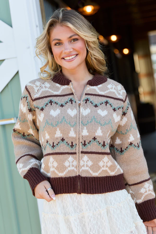 Renesme Brown and Taupe Fair Isle Zip Up Sweater FINAL SALE - Image 3